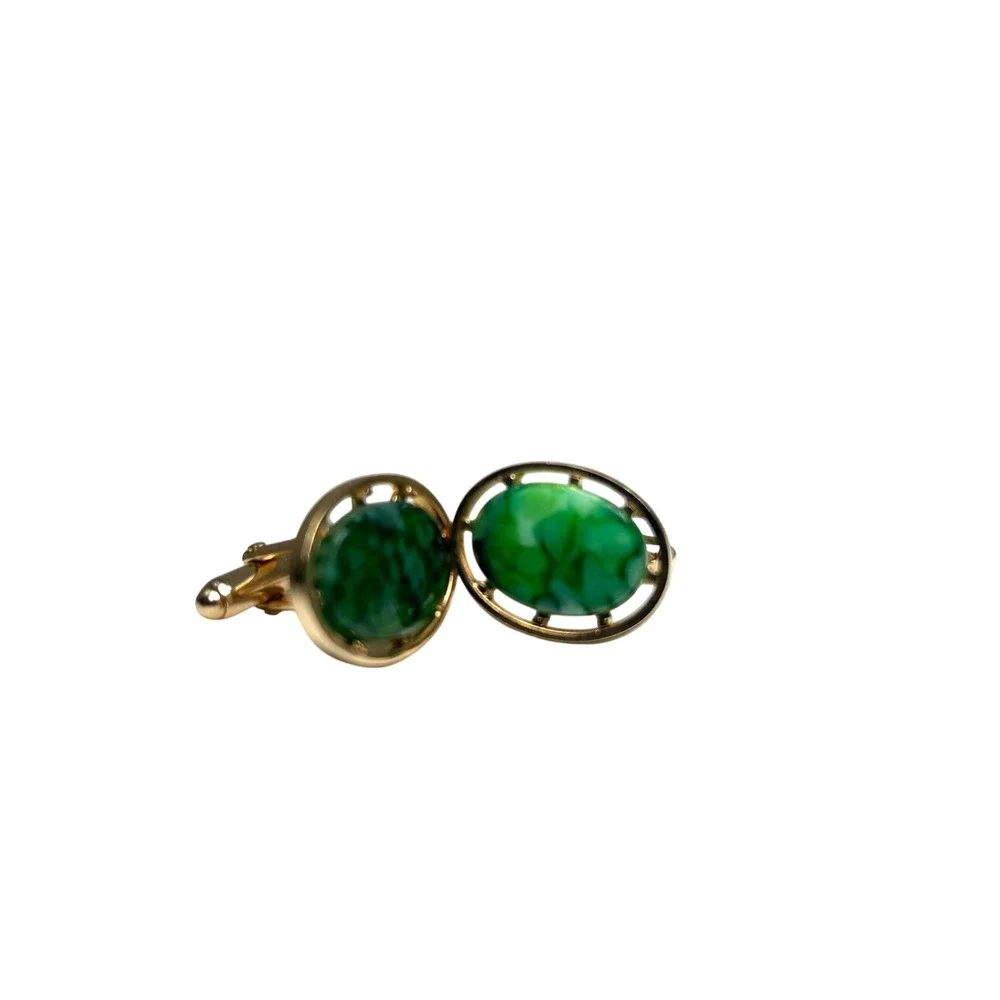 Vintage Gold Tone Green Marbled Semi Precious Oval Cufflinks Mid Century Modern‎